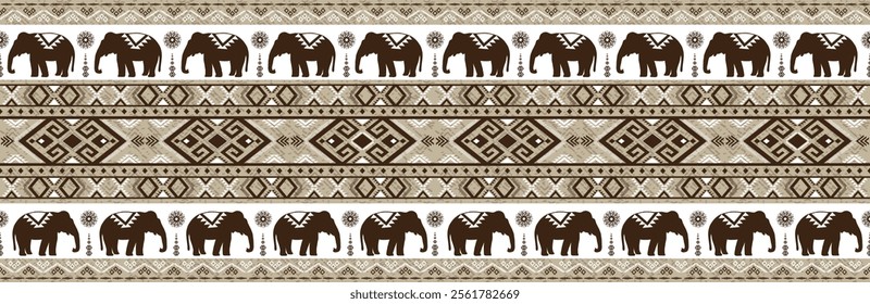 Elephant native Thai style on fabric pattern traditional Design for clothing, wallpaper, background, fabric, Vector illustration