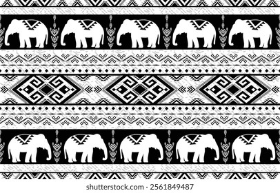 Elephant native Thai style on fabric pattern traditional Design for clothing, wallpaper, background, fabric, Vector illustration