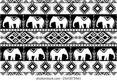 Elephant native Thai style on fabric pattern traditional Design for clothing, wallpaper, background, fabric, Vector illustration
