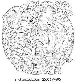 Elephant and nature.Coloring book antistress for children and adults. Illustration isolated on white background. Hand draw