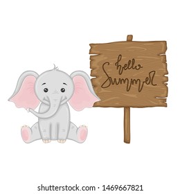 Elephant near wooden signboard with the inscription "hello summer" in vector. Cartoon illustration