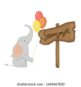Elephant near wooden signboard with the inscription "Summer" in vector. Cartoon illustration