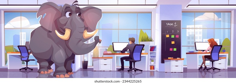 Elephant near worker desk in office room cartoon vector. Businessman and woman employee at window workplace ignore or avoid unpleasant and unspoken trouble business metaphor panoramic illustration.