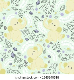 Elephant Nursery pastel Lime green  yellow vector seamless pattern. Yellow Elephants on a pastel green background. Cute fabric on light background Surface pattern design. - Vector