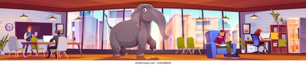 Elephant in office with working businesspeople. Company employees, work at desks ignoring huge animal in room. Concept of ignore obvious problem and unpleasant issues, Cartoon vector Illustration