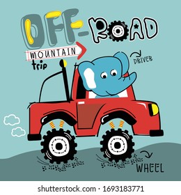 elephant and off-road car funny animal cartoon,vector illustration
