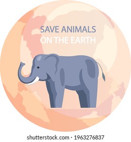 Elephant on background of Earth. Eco friendly, nature conservation, environmental protection. Representative of biodiversity, wild animal with trunk of planet Earth. Save animals on Earth concept