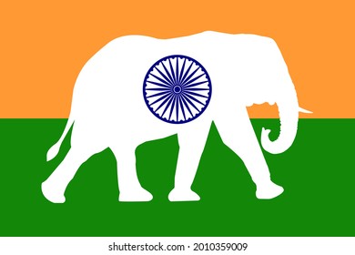 Elephant on the background of the flag of the Republic of India, tricolor with the symbol of the wheel of ashoka chakra in the center.National country symbol.Isolated.Vector illustration