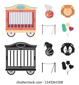Elephant on the ball, circus lion, crossbeam, balls.Circus set collection icons in cartoon,black style vector symbol stock illustration web.