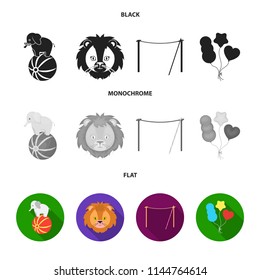 Elephant on the ball, circus lion, crossbeam, balls.Circus set collection icons in black, flat, monochrome style vector symbol stock illustration web.