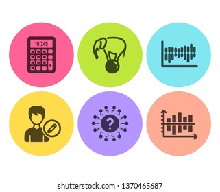 Elephant on ball, Question mark and Calculator icons simple set. Edit person, Column diagram and Diagram chart signs. Circus show, Quiz chat. Business set. Flat elephant on ball icon. Circle button