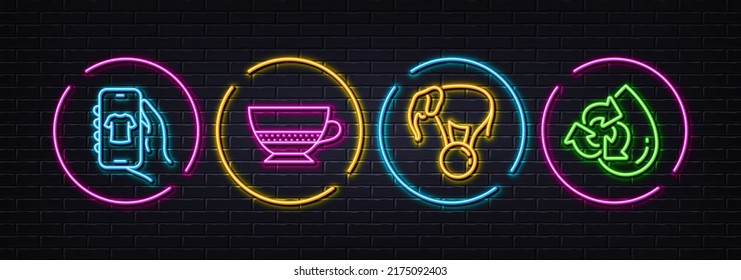 Elephant on ball, Shop app and Bombon coffee minimal line icons. Neon laser 3d lights. Recycle water icons. For web, application, printing. Circus show, Smartphone store, Cafe bombon. Vector