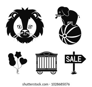 Elephant on the ball,circus trailer, circus lion, balls.Circus set collection icons in black style vector symbol stock illustration web.
