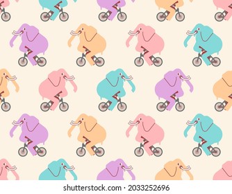 Elephant on bicycle pattern seamless. animal is riding bicycle background. Baby fabric texture. Cartoon childrens ornament