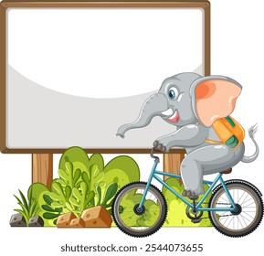 Elephant on bike with blank signboard background