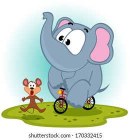 elephant  on bike catches mouse - vector illustration