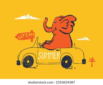 Elephant on car funny cool summer t-shirt print design. Road trip on cabriolet automobile. Slogan. Drive safari animal illustration. Beach travel kids nursery, typography poste. Adorable pattern