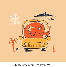Elephant on car funny cool summer t-shirt print design. Road trip on automobile. Slogan. Drive vacation safari animal illustration. Beach travel kids typography nursery poster Adorable holiday pattern