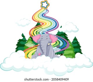 An elephant on the cloud with rainbow on white background illustration