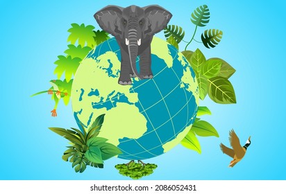 Elephant on the globe, concept wildlife and environment protection vector illustratioin