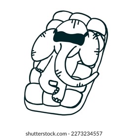 Elephant on inflatable mattress. Vector illustrations in outline doodle style isolated on white background.