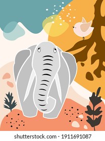 Elephant on modern abstract cover, minimal poster design, t-shirt print, wall art postcard. Colorful cartoon geometric background, vector illustration