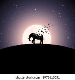 Elephant on moonlight night. Endangered animal. Death and afterlife