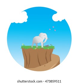 elephant on mountain ground, blue background with clouds and butterfly