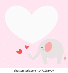 An elephant on pink background with white dost. There is a white heart for adding text. Frame and card concept. Animal concept. Vector.