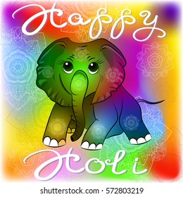 Elephant on a rainbow background. The illustration on the festival of Holi. Vector illustration. Card.Holiday greetings