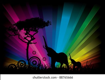 Elephant on a rainbow background, vector illustration