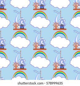 Elephant on the ship with a rainbow and a cloud. children s illustration. used for printing, the website, smart phone, design, textiles, ceramics, fabrics, prints, postcards, packaging etc