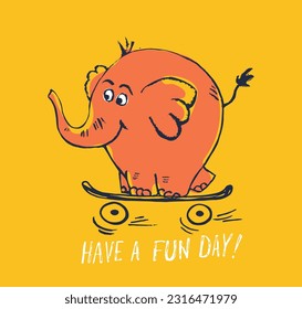 Elephant on skateboard funny cool summer t-shirt print design. Skater in skatepark. Slogan. Skate safari animal illustration. Sport kids typography fashion nursery poster. Happy adorable pattern