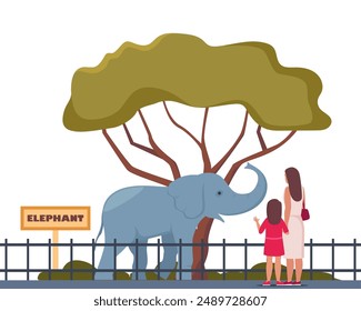 Elephant on territory of wildlife zoo park surrounded by fence. Parent and kid watching animals in zoo park. Vector illustration