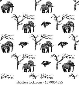 Elephant on wood background. Sketch. Seamless pattern. Vector illustration.