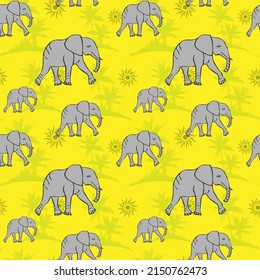 Elephant on yellow background, summer seamless pattern, childish texture for design, wallpaper and tile, vector illustration