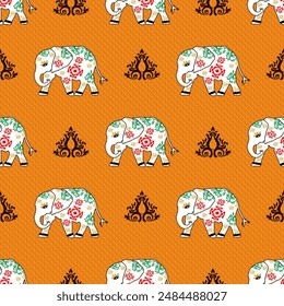 Elephant, orange, and white classic damask seamless pattern: vector illustration for elegant textile design, carpet, curtains, and clothing.