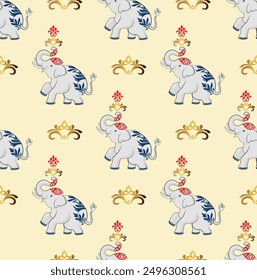 
Elephant, orange, and white classic damask seamless pattern: vector illustration for elegant textile design, carpet, curtains, and clothing.
