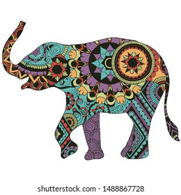 Elephant with an oriental pattern. An elephant richly decorated with Indian ornaments, on a white background.