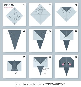 Elephant origami scheme tutorial moving model. Origami for kids. Step by step how to make a cute origami elephant. Vector illustration.