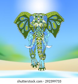 Elephant ornament over a blurred nature landscape vector illustration