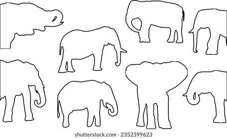  Elephant outline icons , Wildlife animal elephant outline  , African and asian elephants line art , elephant with trunk and tusk outline, safari animals, Giant elephant mammal icon symbol sign
