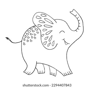 Imagen vectorial de la ilustración del contorno del elefante. 
Obtención de imágenes de elefantes dibujadas a mano. 
Sencillo y lindo logotipo original de un elefante monocromo.
Ilustración vectorial dibujada a mano para afiches, tarjetas, camisetas.