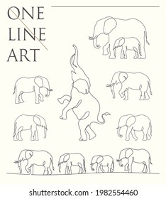 Elephant outline. Linear animal silhouette set. Continuous single line