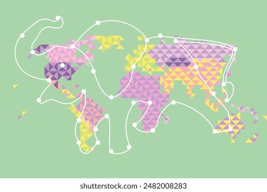 Un elefante delineado con trazos blancos que conectan puntos en el fondo del mapa del mundo dibujado en el estilo de bajo poli que ilustra una antigua creencia en una de las criaturas mitológicas que sostienen el mundo