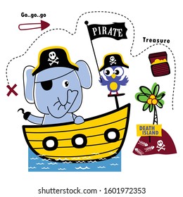 elephant and owl the pirate funny animal cartoon,vector illustration