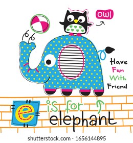 elephant and owl playing together funny animal cartoon,vector illustration