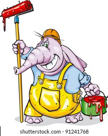 elephant painter. This elephant - a cheerful painter, he had a full bucket of red paint and a huge paint roller on a long handle. He is dressed in bright yellow overalls, on his head a helmet.