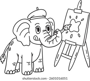 Elephant Painting Isolated Coloring Page for Kids 