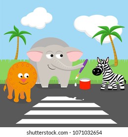 An elephant painting a zebra and a lion looking for them